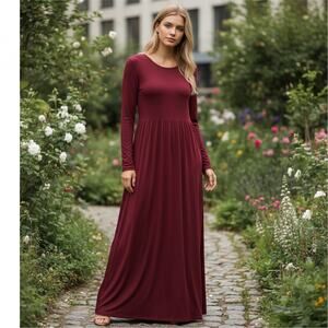 Bishuige Maxi Dress 2XL Burgundy Pockets Minimalist Lagenlook Casual Modest Boho